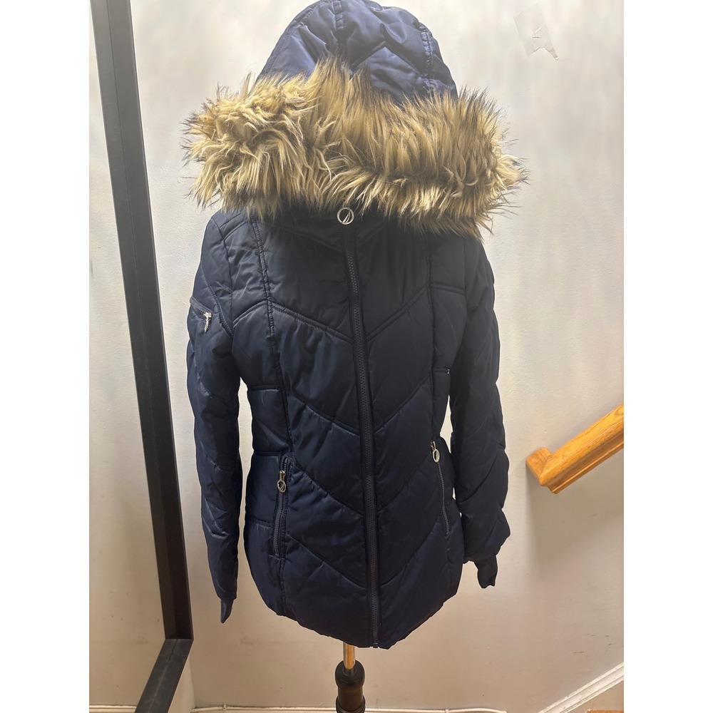 Nautica Puffer Jacket Womens Small Navy BlueFaux Fur Hood Winter Coat